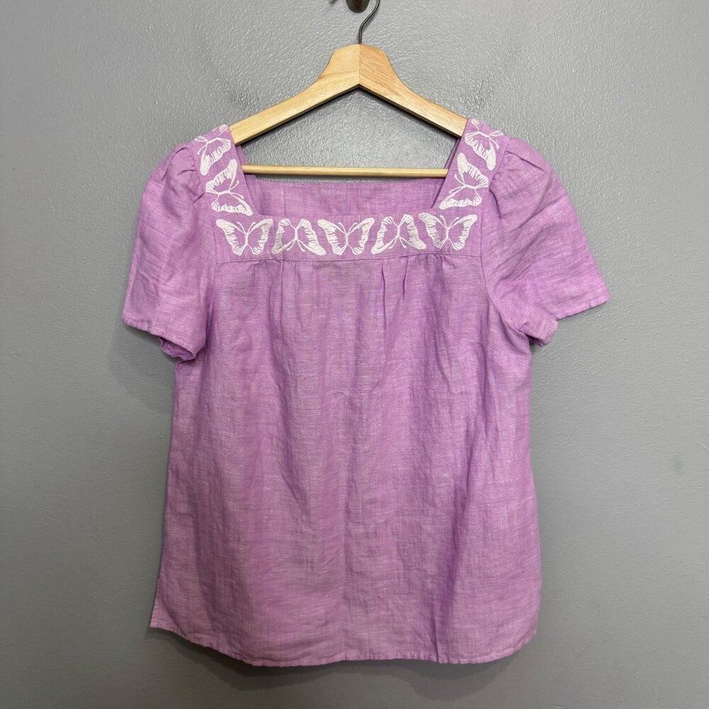 TALBOTS linen butterfly embroidered square neck top size S - Picture 2 of 7